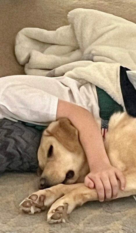 Nutmeg taking a nap with a child.