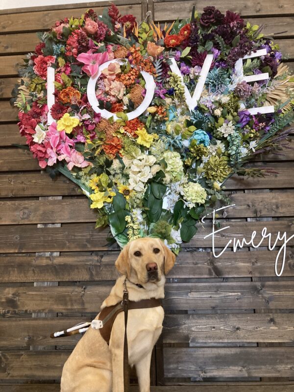Kelly sits in harness in front of a heart shaped flower wall that says love and Emeryville.