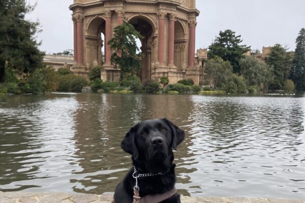Irva sitting in harness in front of a lagoon with Roman-inspired columns and a half dome in the background.