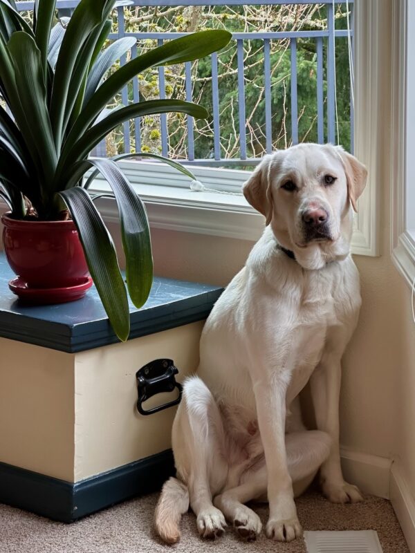<p>Vonny tucks himself into a corner in his foster home next to a trunk with a large potted plant.  He enjoys sitting next to the heater vent!</p>