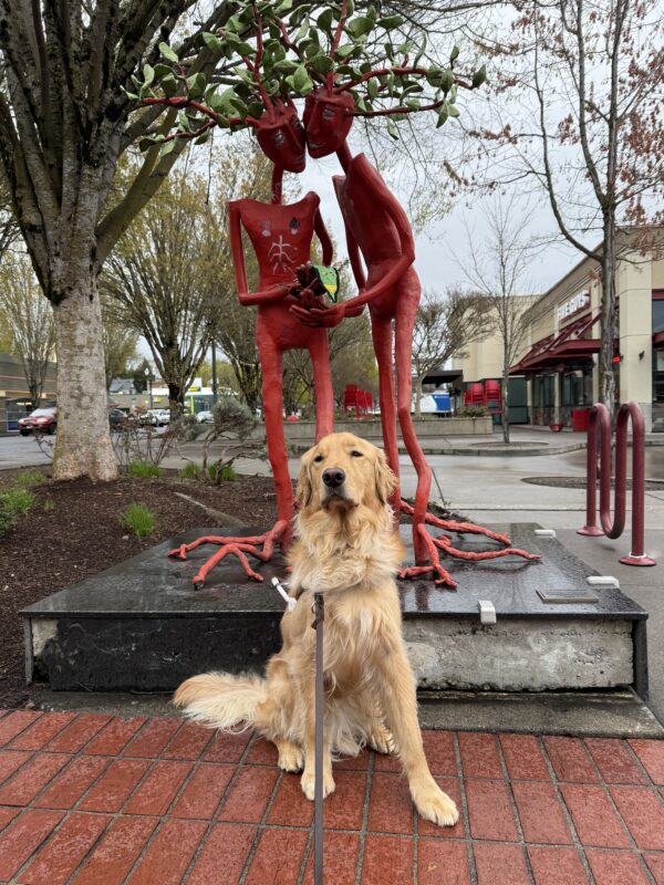 Kudo sitting in front of an artistic sculpture (composed of two figures with branches coming out of their heads and roots for feet) in the Lloyd District of Portland. Kudo is wearing a guide dog harness and facing the camera.